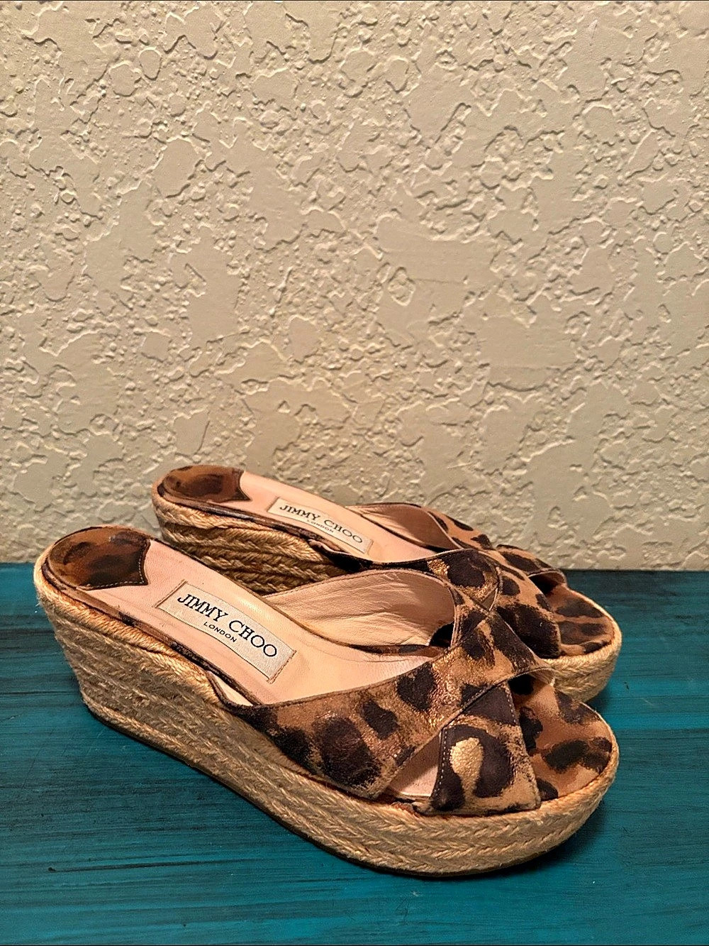 Jimmy Choo Leopard Print Wedge Sandals in Brown